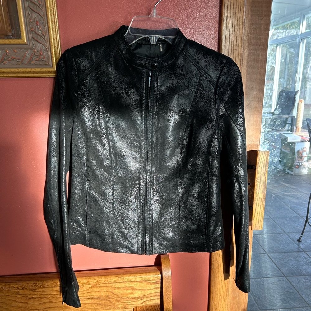Calvin Klein Black Womens Distressed Leather Jacket Size XS